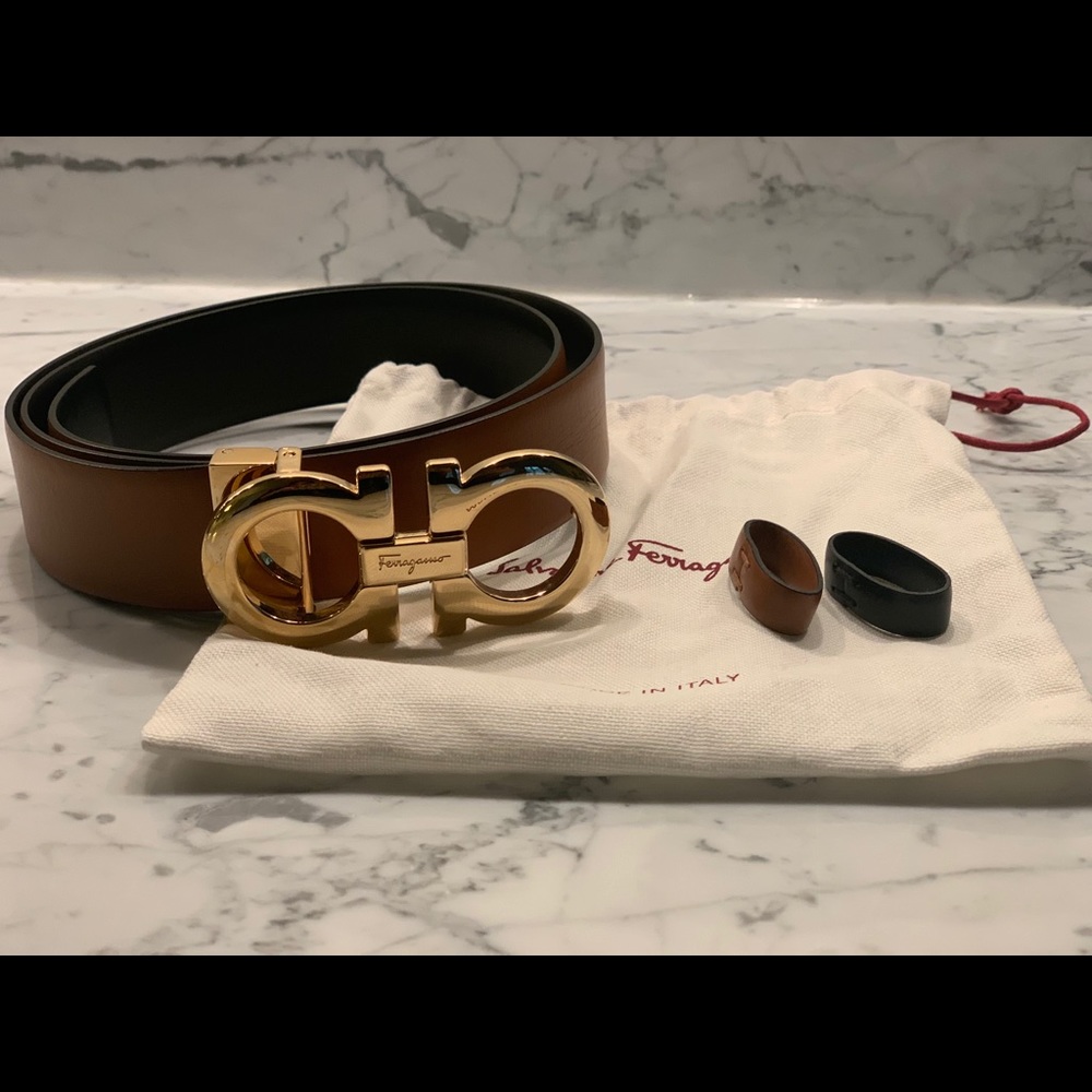Salvatore Ferragamo black/tan Gancini belt